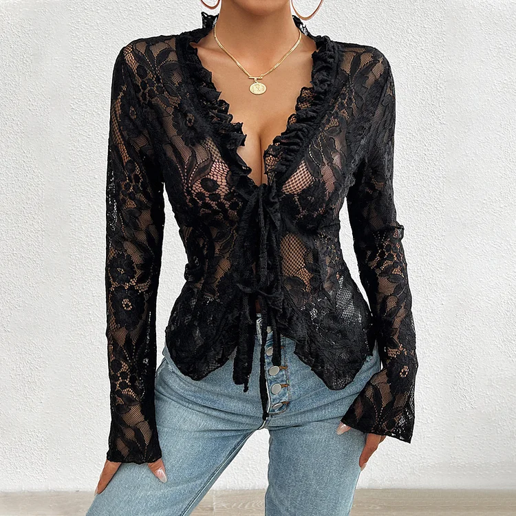 Women's Sexy Lace Hollow Out Flared Sleeve Tie Ruffle Shirt