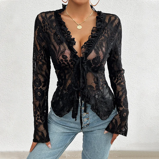 Women's Sexy Lace Hollow Out Flared Sleeve Tie Ruffle Shirt