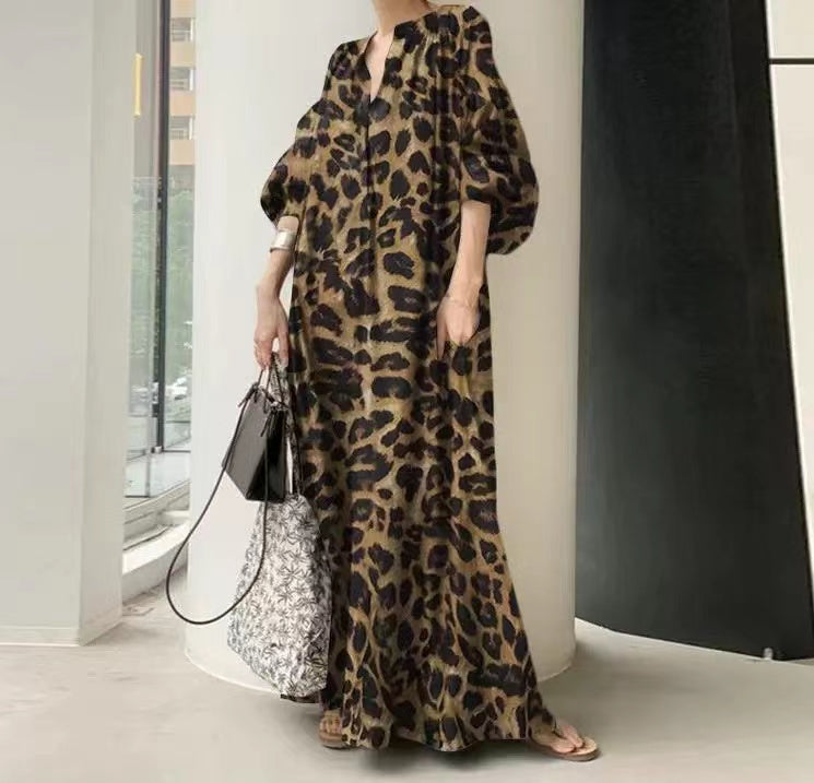 Elegant Leopard Print Stand Collar Short Sleeve Shirt Dress