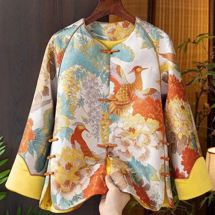 Vintage Chinese Style Embroidered Button Patchwork Silk Coat