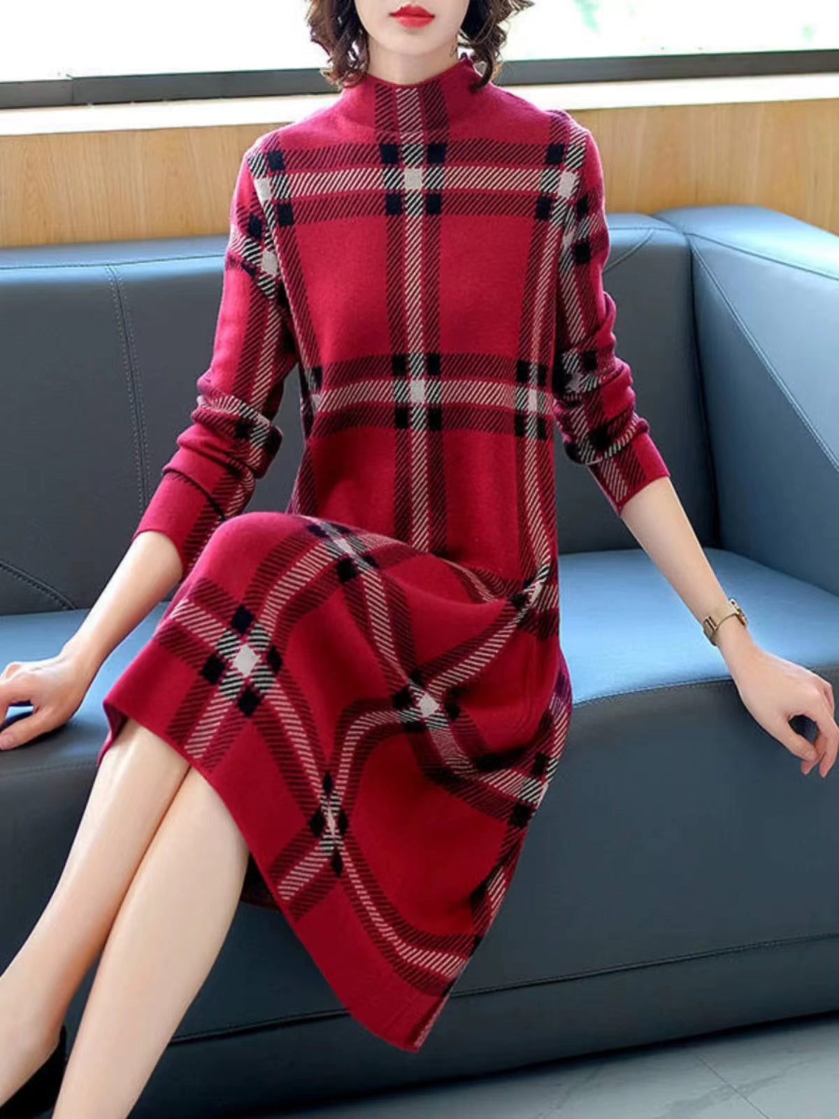 Fashion Red High Neck Plaid Cashmere Knit Sweater Midi Dresses