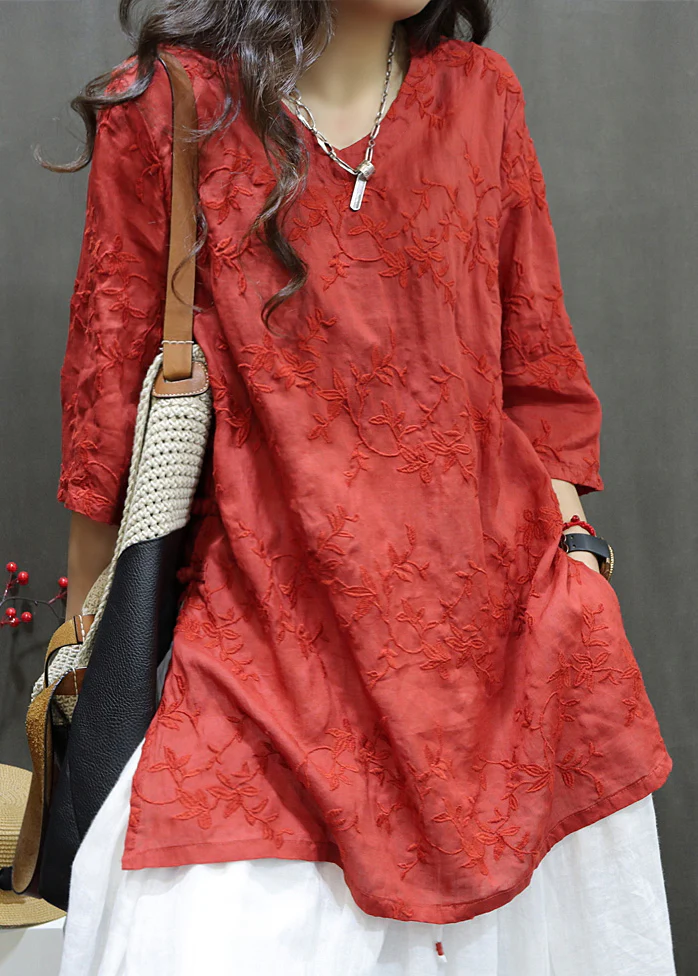 Loose V-Neck Embroidered Linen Long Shirt Top