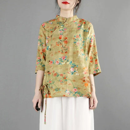 Chinese Standing Collar Printed Tie Linen Short Sleeve Shirt Top