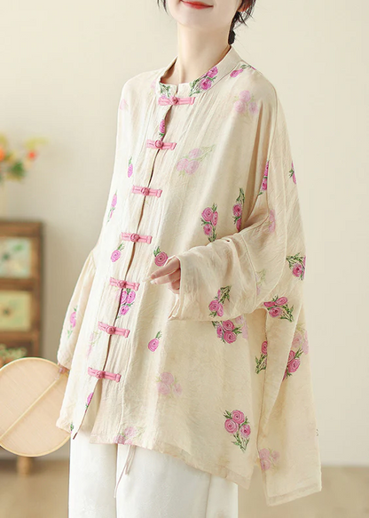 Chinese Style Printed Buttoned Cotton Shirt Spring