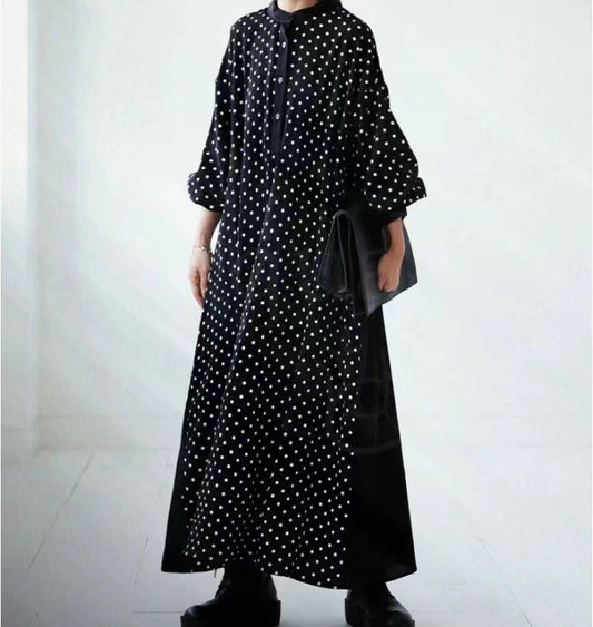 Loose Standing Collar Patchwork Polka Dot Color Clash Long Sleeve Long Dress