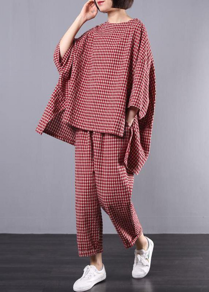 Plus Size Cotton and Linen Plaid Vintage Shirt and Pants Two Piece Set