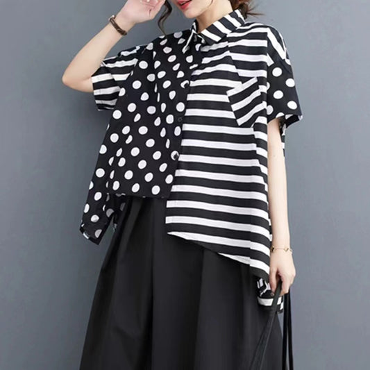 Plus Size Irregular Polka Dot Striped Short Sleeve Shirt