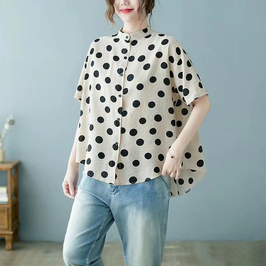 Plus Size Women's Stand Up Collar Polka Dot Short Sleeve Shirt Top