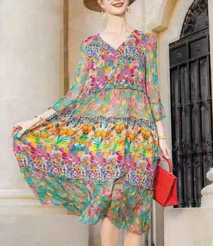 Loose Printed Silk Swing Dress