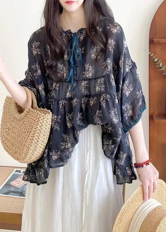 Loose Ruffle Print Tie Cotton Shirt Half Sleeve