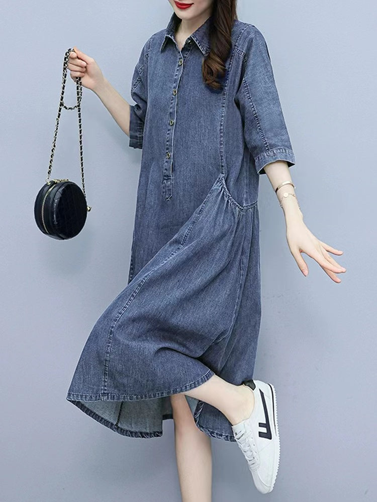 Loose Lapel A-line Half Sleeve Denim Dress