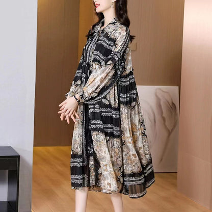 Fashion Printed Pleated Chiffon Long Dresses