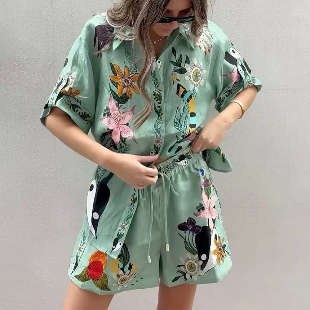 Women's Green Cardigan Shirt Printed Short Sleeve Set Spring