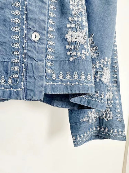 Fashion V-Neck Embroidered Floral Cardigan Long Sleeve Shirt Denim