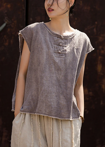 Chinese Buttoned Cotton Shirt Sleeveless Top