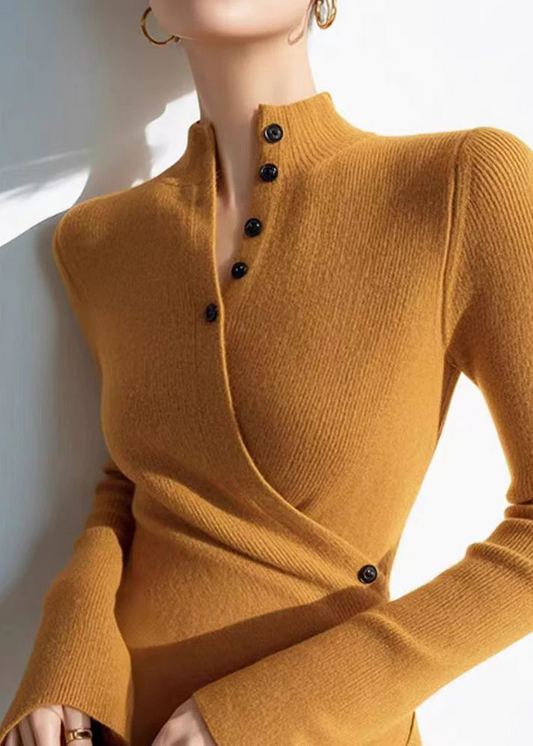 Women's Yellow V-Neck Ruched Cotton Knit Sweater