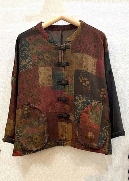 Chinese Button Patchwork Cotton Long Sleeve Shirt Top