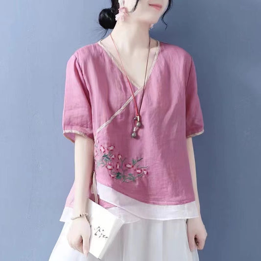 French Embroidered Color-Crossing Asymmetric Cotton Short Sleeve Shirt Top