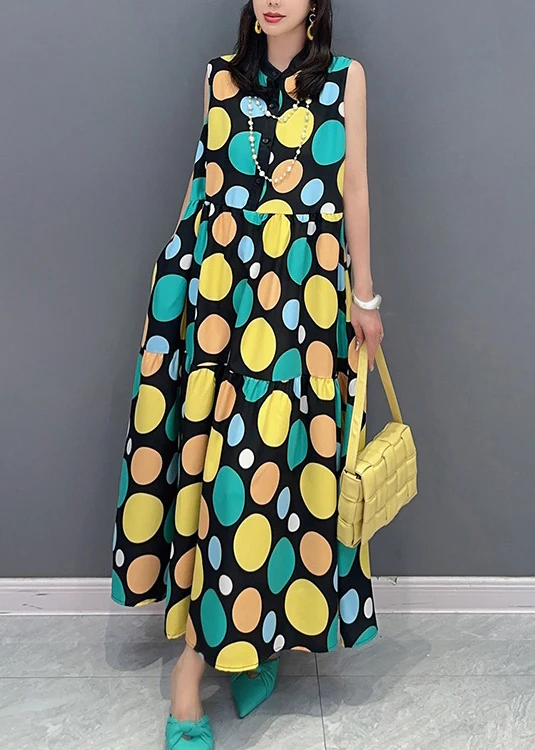 Women's Sleeveless Stand Neck Dot Printed Patchwork Long Dresses