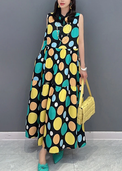 Women's Sleeveless Stand Neck Dot Printed Patchwork Long Dresses