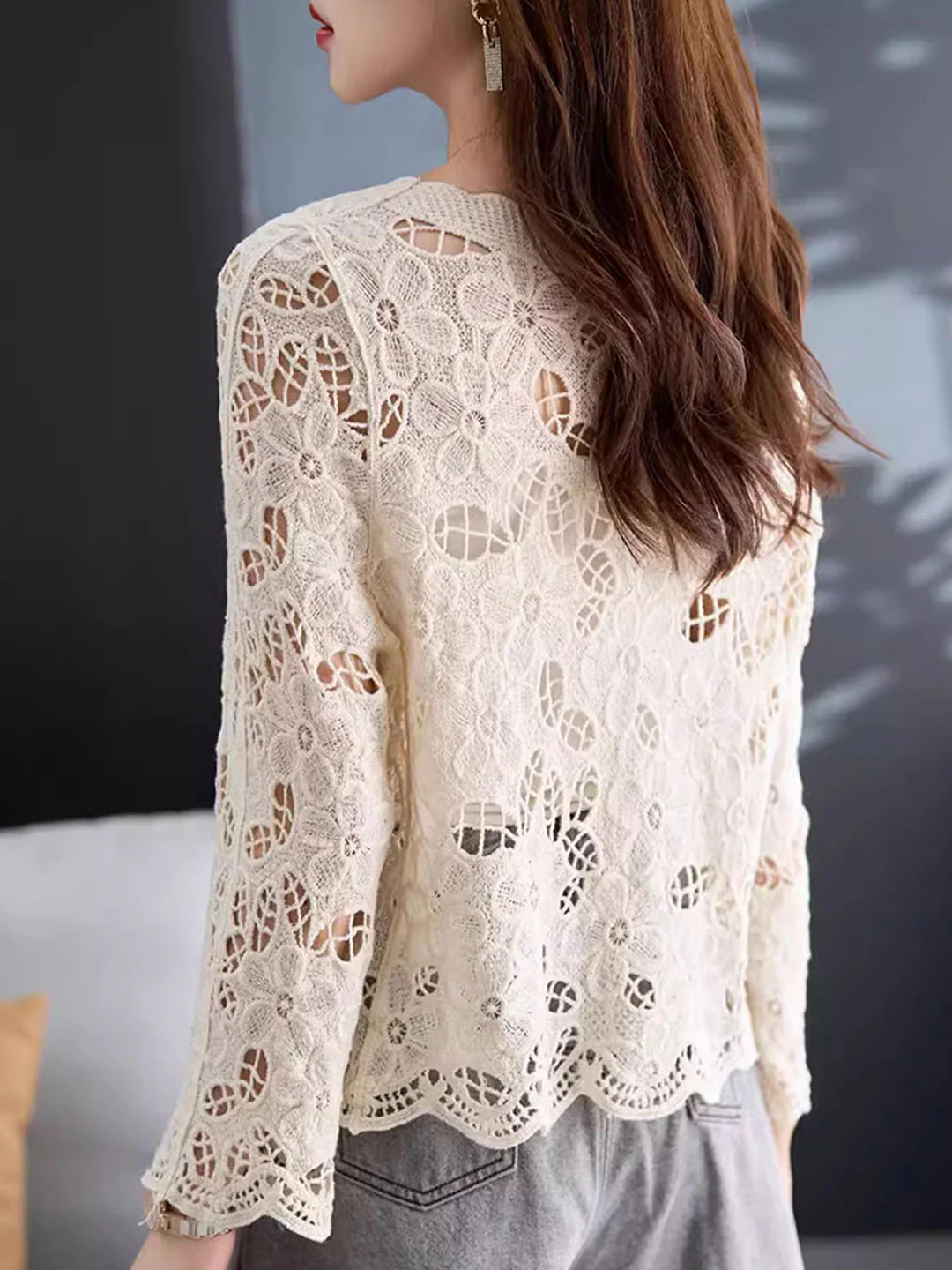 Elegant V-neck Cutout Crochet Knit Long Sleeve Cardigan