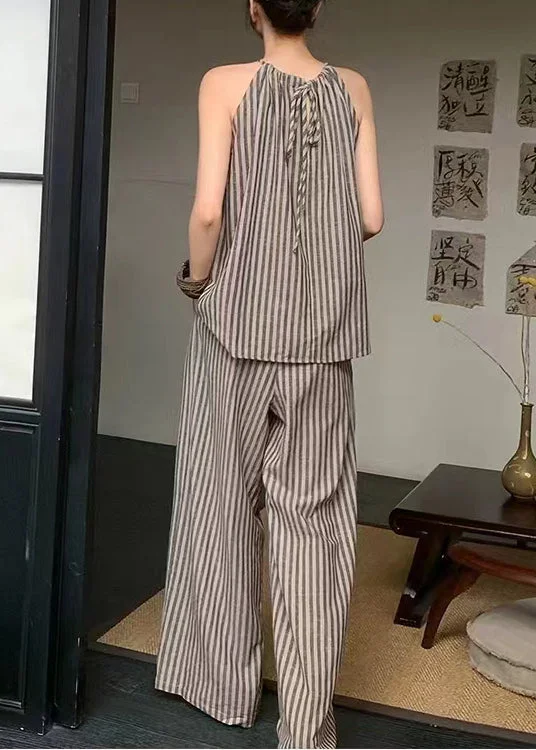 Women's Casual Color Striped Top Wide Leg Pants Two Piece Set Summer