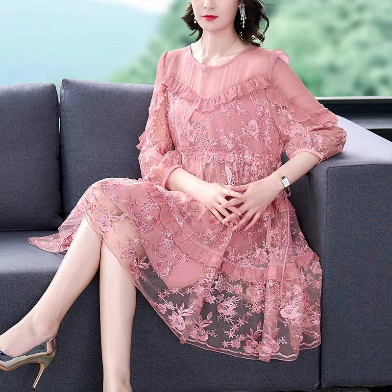 Fashion Ruffle Patchwork Applique Tulle Dress Half Sleeve