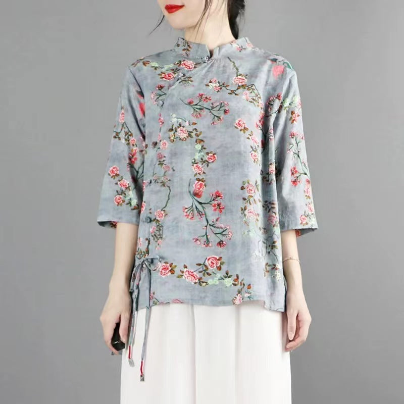 Chinese Standing Collar Printed Tie Linen Short Sleeve Shirt Top