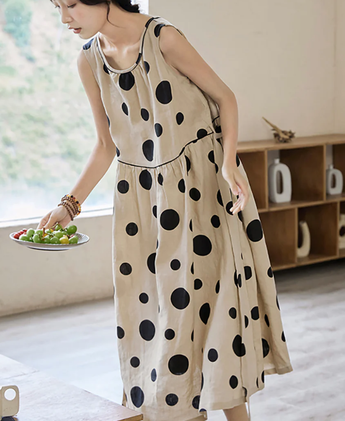 Women's Polka Dot Drawstring Linen Vest Dress