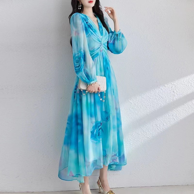 French Printed Patchwork Silk Dress V-Neck Pleated Long Sleeve