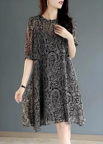 Women's Black Plus Size Printed Round Neck Dresses