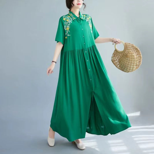 Elegant Lapel Embroidered Crushed Pleat Short Sleeve Shirt Dress