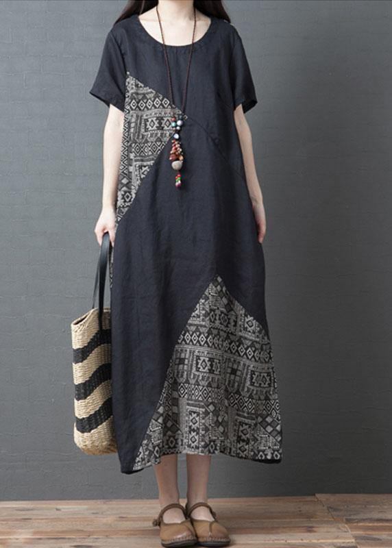 Loose O Neck Patchwork Pocket Dress Short Sleeve