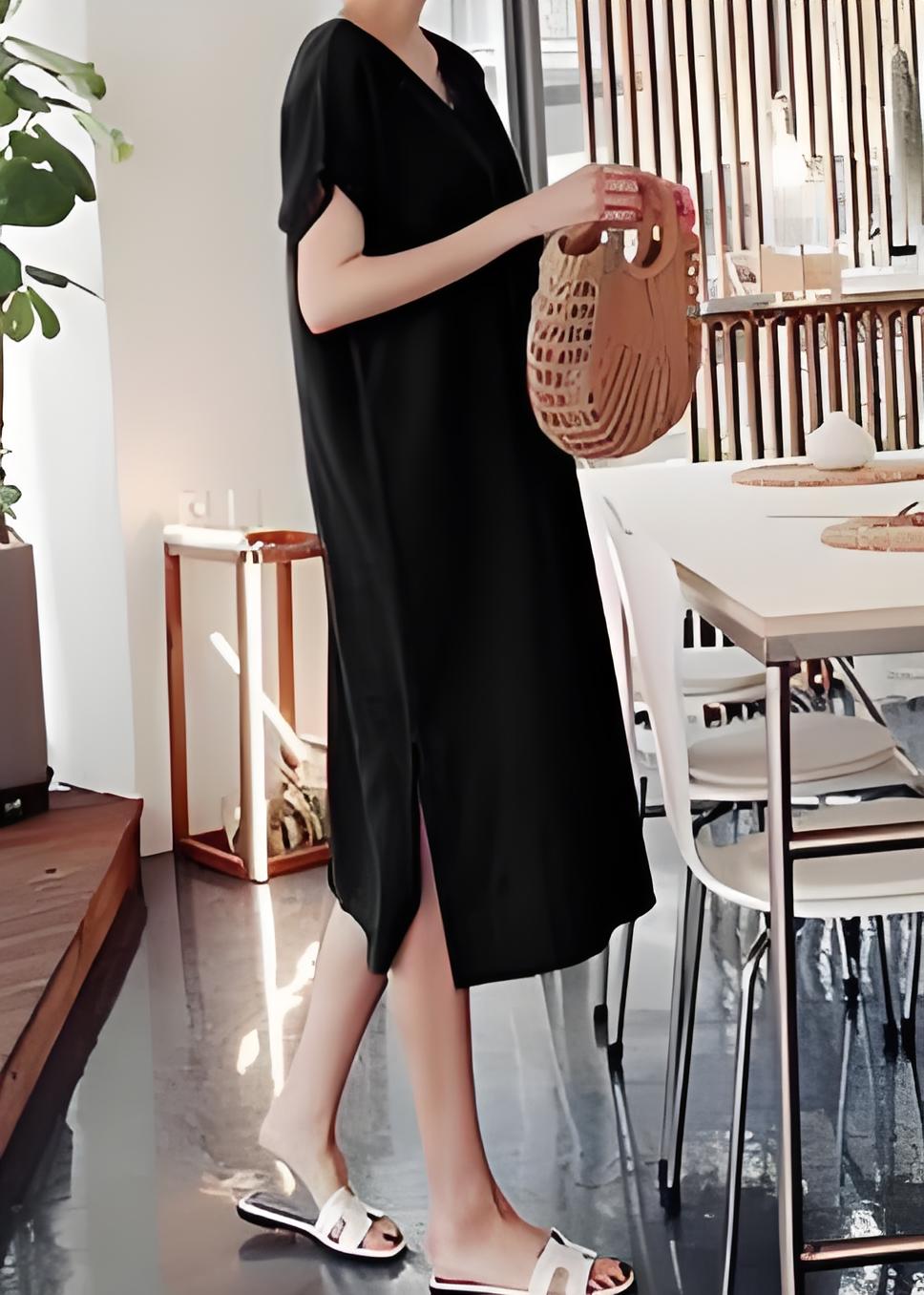 Casual Round Neck Side Split Cotton Summer Linen Black Dresses