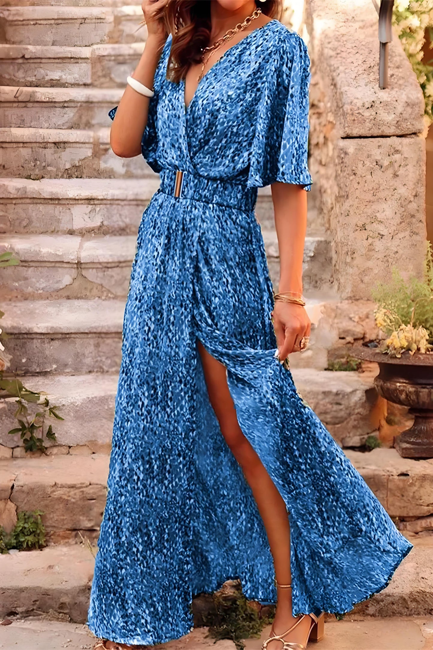 Women's Boho Floral Patchwork V-Neck Dress