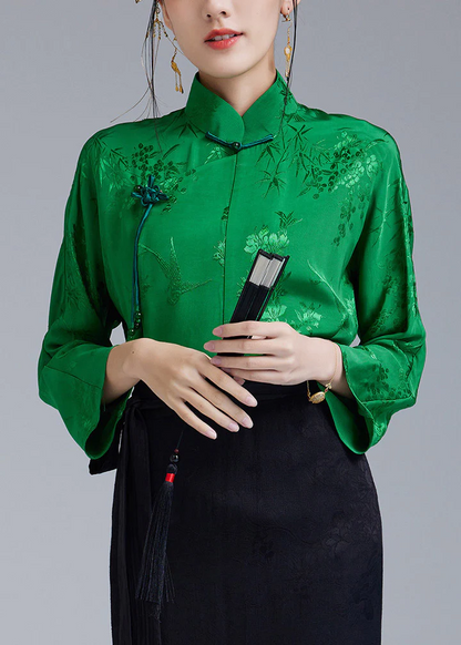 Elegant Standing Collar Jacquard Slant Button Silk Long Sleeve Top