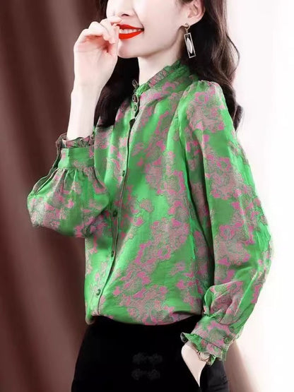 Elegant Silk Printed Wooden Trim Blouse Top