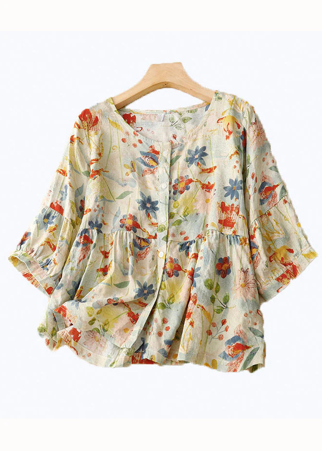 Women's Floral Crinkle Button Patchwork Linen Shirt Top