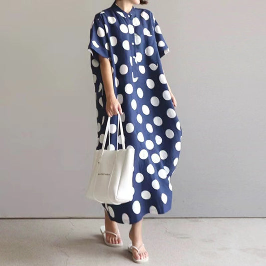 Women's Loose Polka Dot Printed Short Sleeve Shirt Dresses