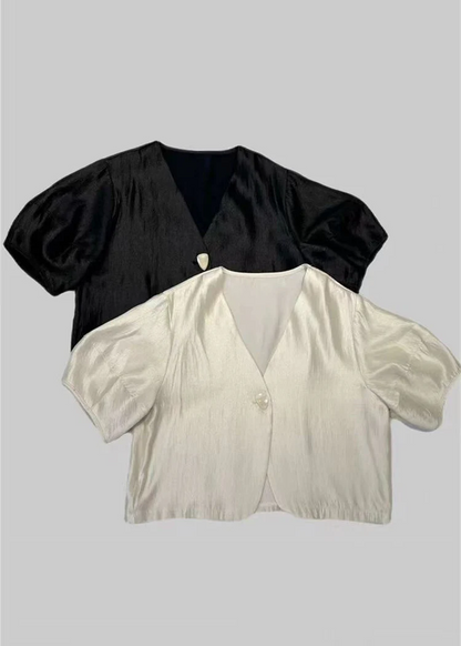 Elegant V-Neck Buttoned Silk Blouse Short Sleeve Top