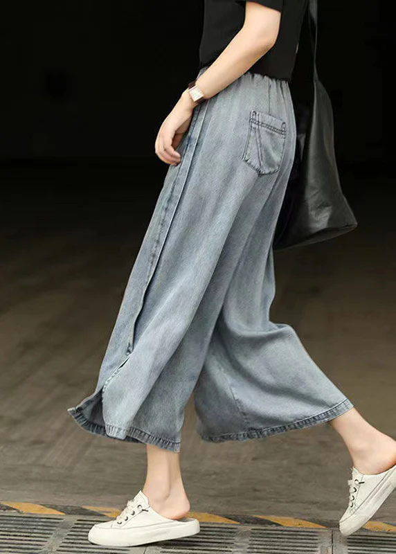 Stylish Elastic Waist Side Opening Denim Nine Minute Pants