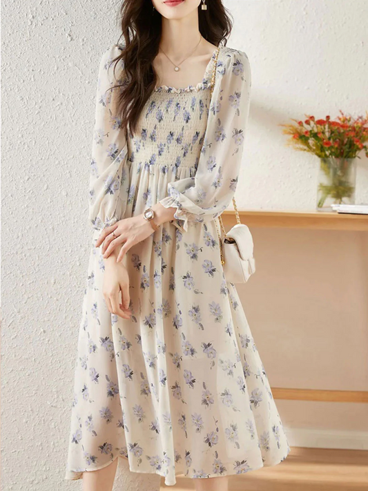 French Chiffon Printed Floral Long Sleeve Long Dresses