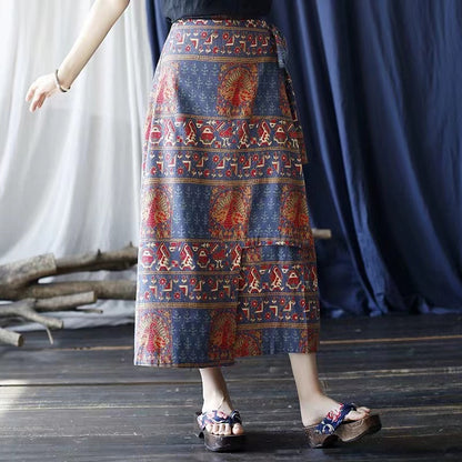 French Print Irregular Cotton Linen Skirt