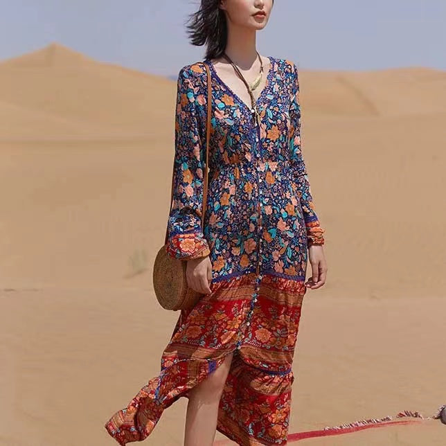 Bohemian V-Neck Button Clash Beach Long Sleeve Dress