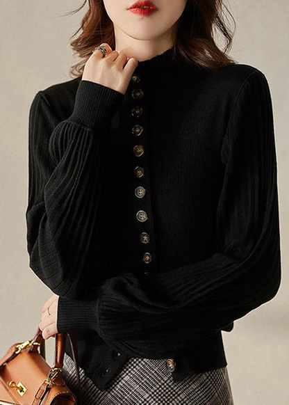 Elegant Collar Button Knit Lantern Sleeve Sweater Top