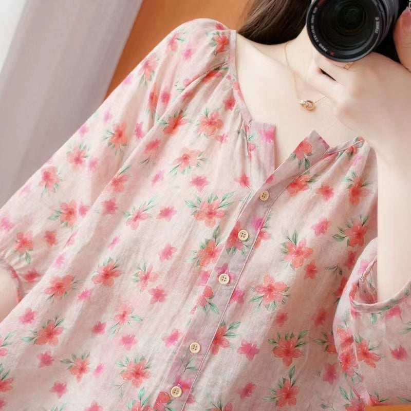 Elegant Printed Cardigan Cotton Lantern Sleeve Blouse Top