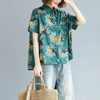 Loose Printed Lapel Short Sleeve Shirt Top