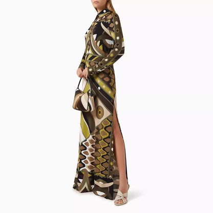 Elegant Geometric Print Lapel Long Sleeve Dress