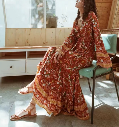 Bohemian V-Neck Printed Long Sleeve Long Dresses