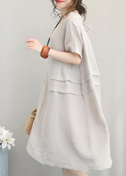 Women's Plus Size Beige O Neck Patchwork Cotton Dress